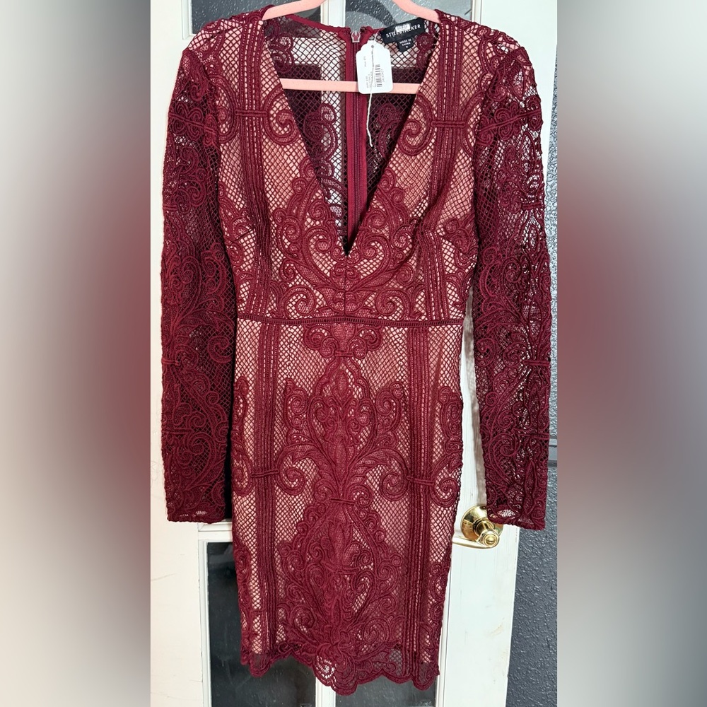 Stylestalker Burgundy Lace Long Sleeve Cocktail Dress